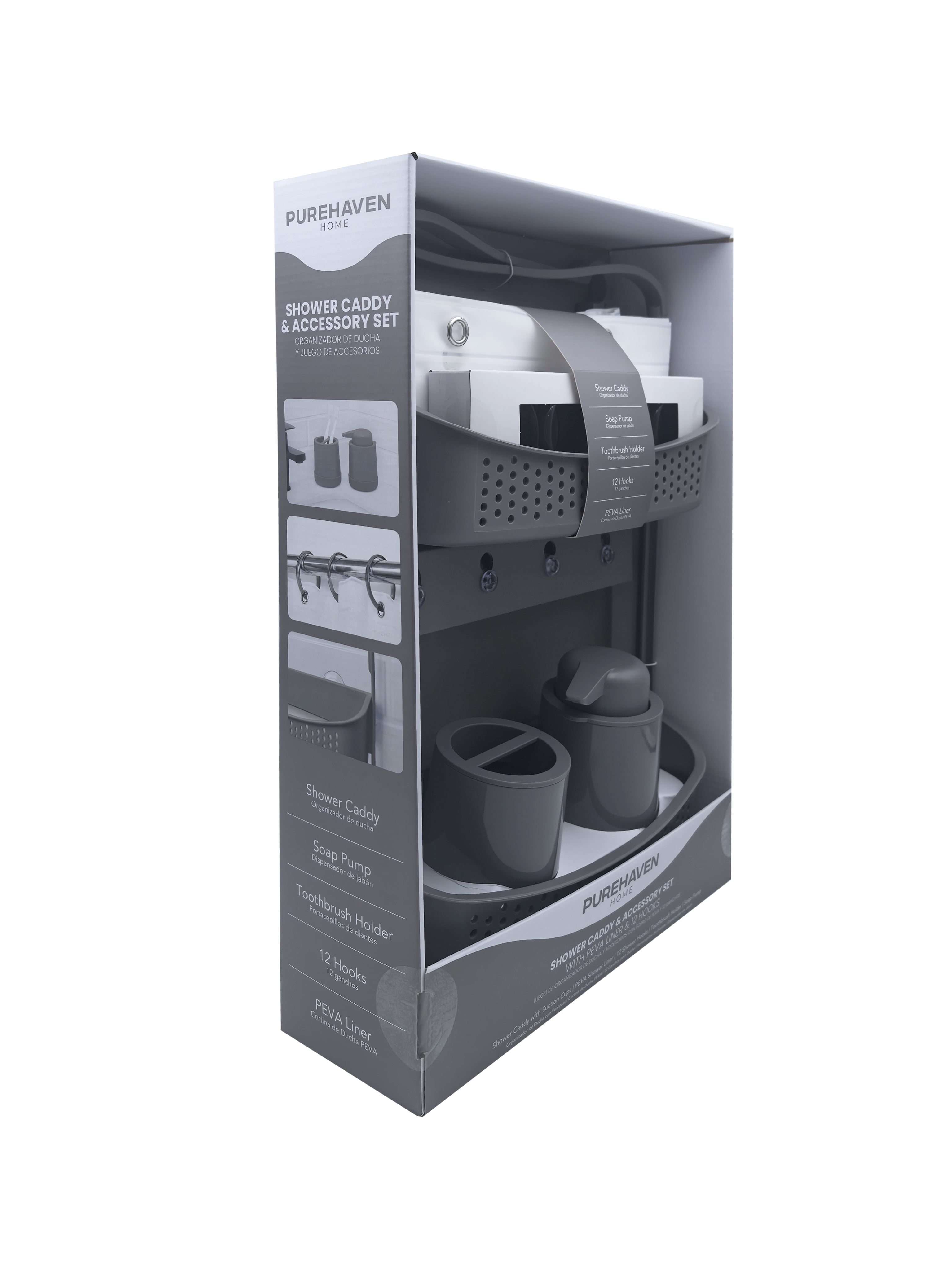Purehaven Home Shower Caddy and Bath Accessory Set for College Dorms and Apartments, Grey