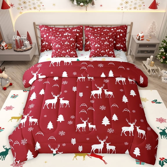 Manfei Cute Christmas Reindeer 7-Piece Twin Bedding Sets,Merry Xams Bedding Comforter Set,Red White Sheet Sets For Teens,Luxury Bedroom Decor Reversible