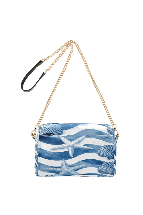 9.65"x3.35"x6.3"PU Leather Women Crossbody Purse, Waterproof Casual Chain Shoulder Bag with Multi Pockets for Travel Daily Use Blue Watercolor Nautical Seamless Tile