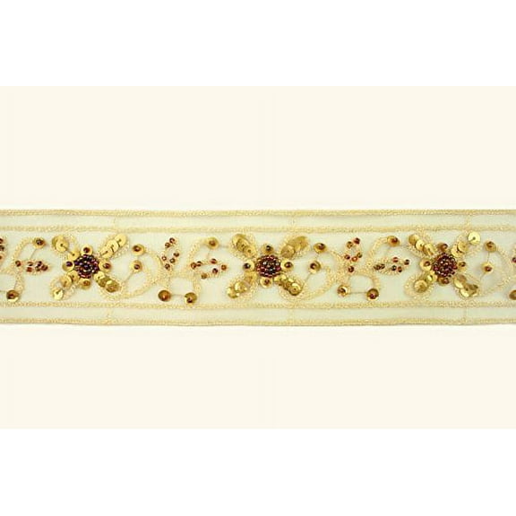 2" width Ivory Embroidered Gold Sequins Brown Beaded Floral Tulle Net Lace Trim (Sold by yard)