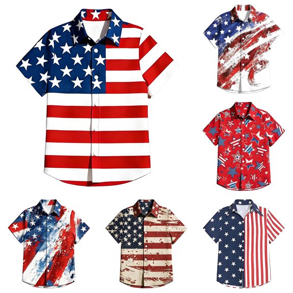 Huowey Boys Toddler 4Th Of July Shirts Short Sleeve Classic Button Down Shirt Turndown Collar Basic Tops Stars Stripes Graphic Patriotic 250 Years Patriotic Independence Blouse,16-17 Years