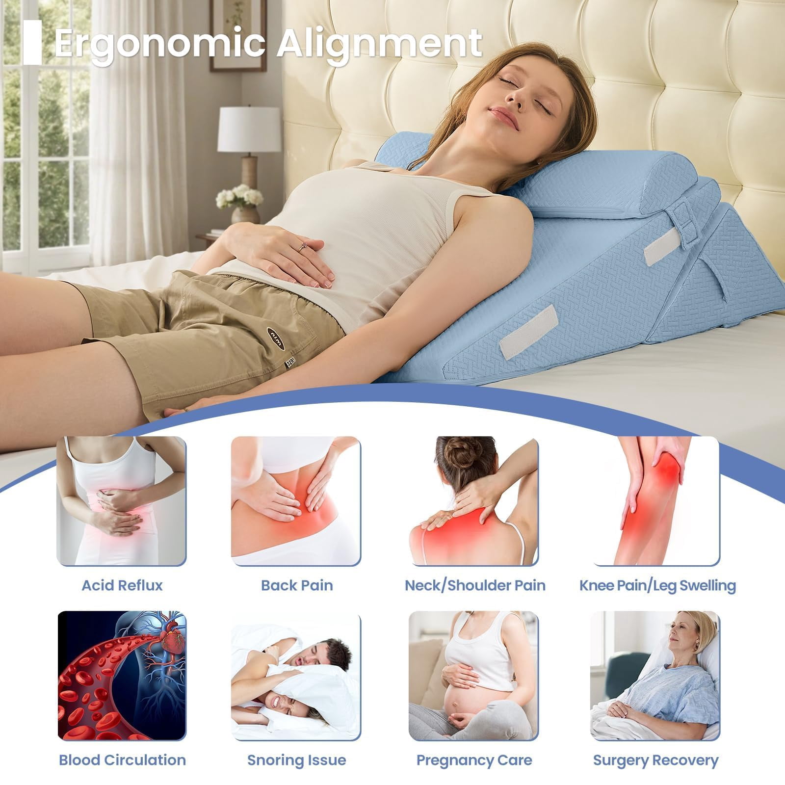 Wedge Pillow Set For After  2pcs Adjustable Bed Headboard With Memory Foam Neck Cushion - Acid Reflux Sleeping & Support Blue