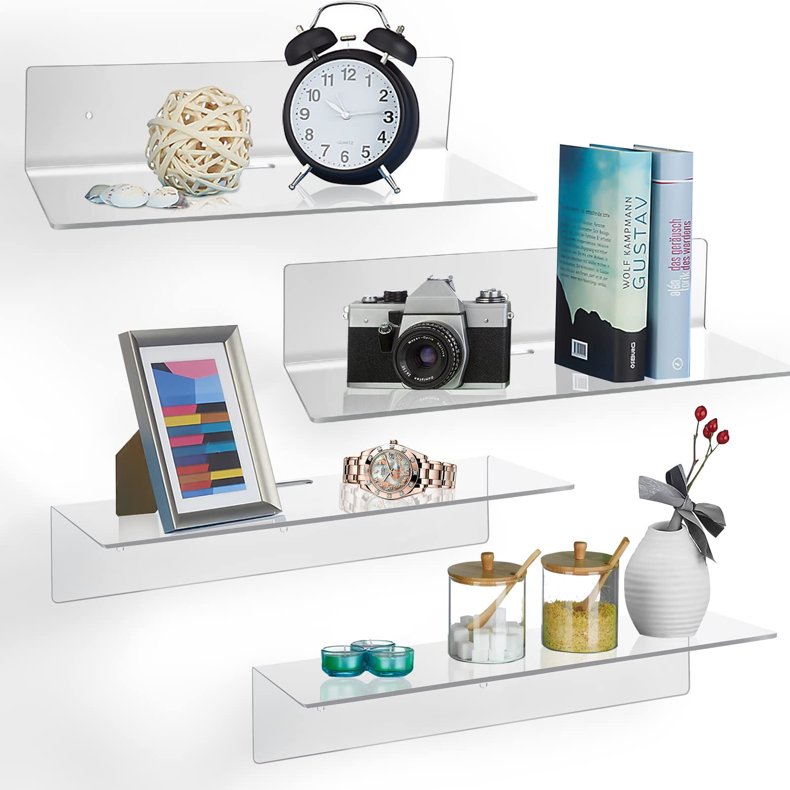 4 Pack Acrylic Floating Shelves, 9'' Acrylic Wall Shelves Display Ledges for Storage