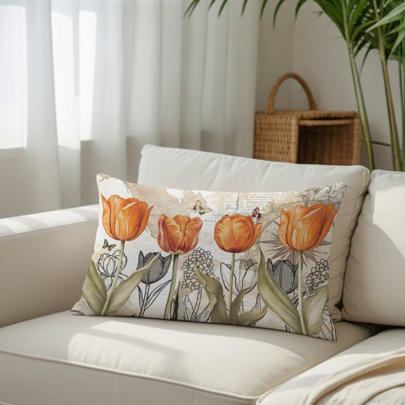 Orange Tulip Flower Plants Throw Pillow Covers, Decorative Pillow Covers With Hidden Zipper Soft Brushed Microfiber Fabric, Butterfly Vintage Map Pillowcases for Couch Bed 20x26in