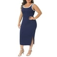 thumbnail image 4 of Agnes Orinda Women's Plus Size Knit Tank Dresses Contrast Side Slit Square Neck Sleeveless Summer Dresses 1X Dark Blue, 4 of 6