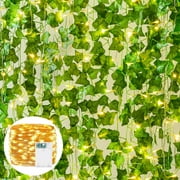 Coolmade  Ivy Fake Vines 12 Pack 84 ft Artificial Ivy Garland with 90 LED String Light Leaves Wall Decor Hanging Plant Vine for Room Garden Office Wedding Wall Decor,Green