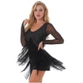 thumbnail image 3 of iEFiEL Womens Mesh Long Sleeve Tassel Dance Dress Rhinestone Fringed Dancing Costume, 3 of 7