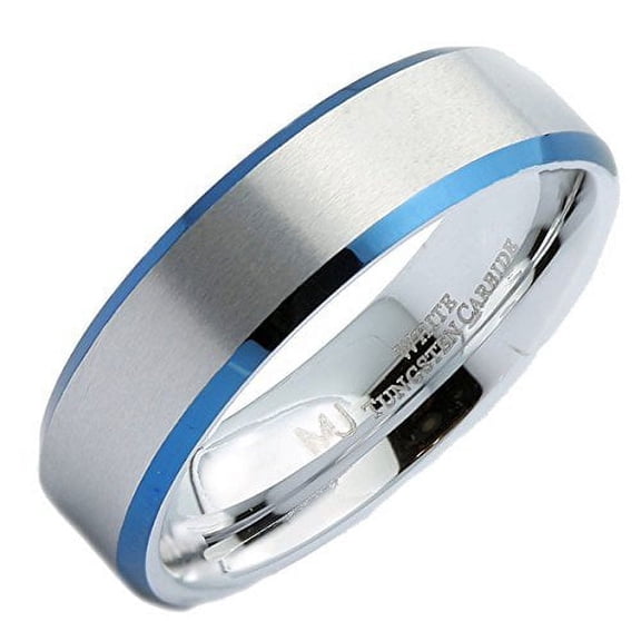MJ Metals Jewelry White Tungsten Carbide Blue Plated Edges Wedding Band 6mm Ring Size 7