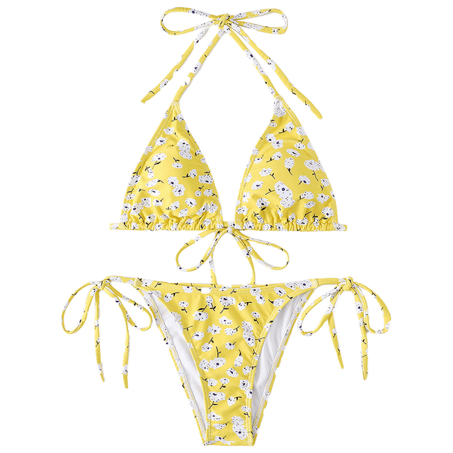 Traje de baño de bikini triangular de dos piezas con parte superior acolchada y lazos laterales para mujer