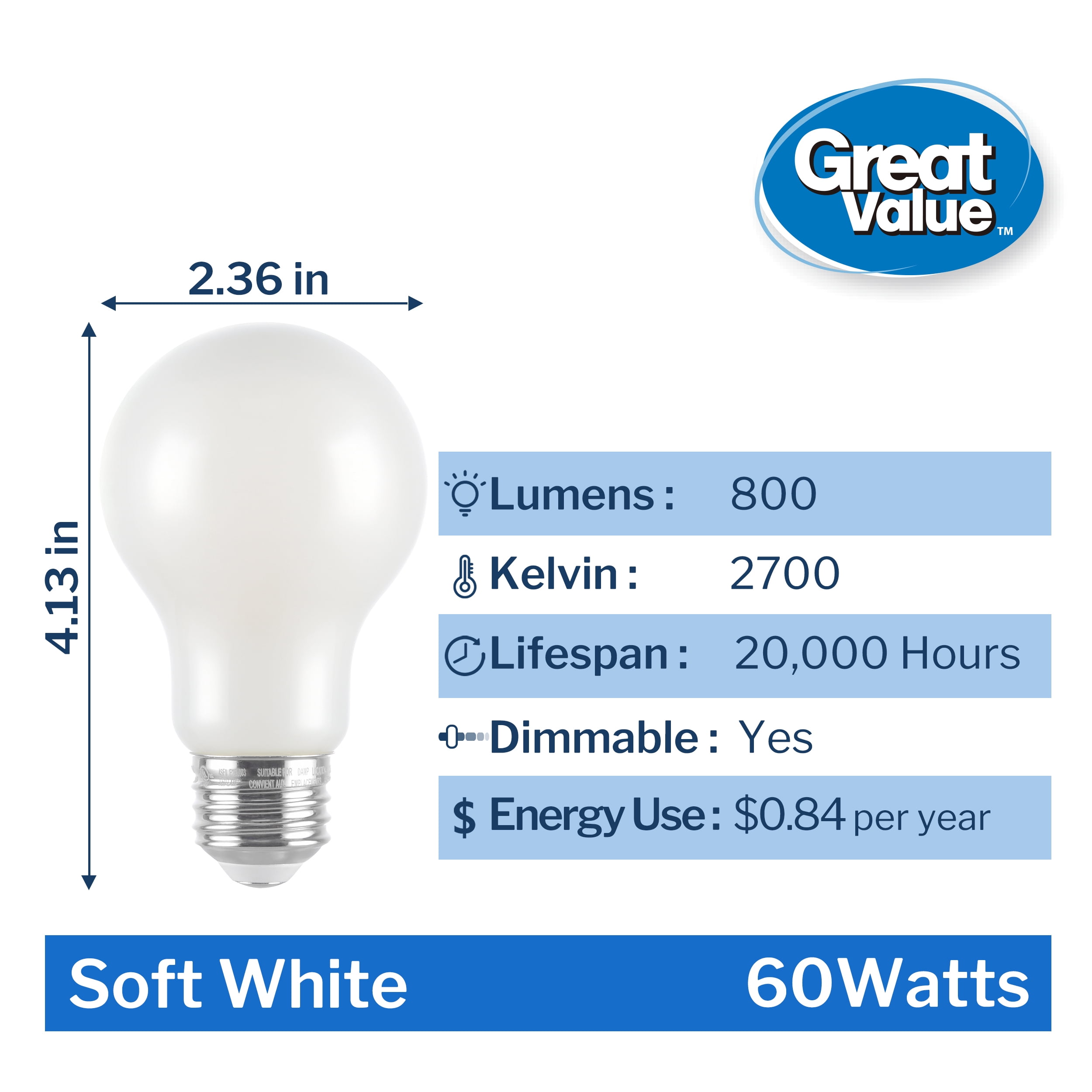 Great Value A19 LED 7W (60W Equivalent) Soft White General Purpose E26 Medium Base Light Bulbs, Dimmable, 12 Pack