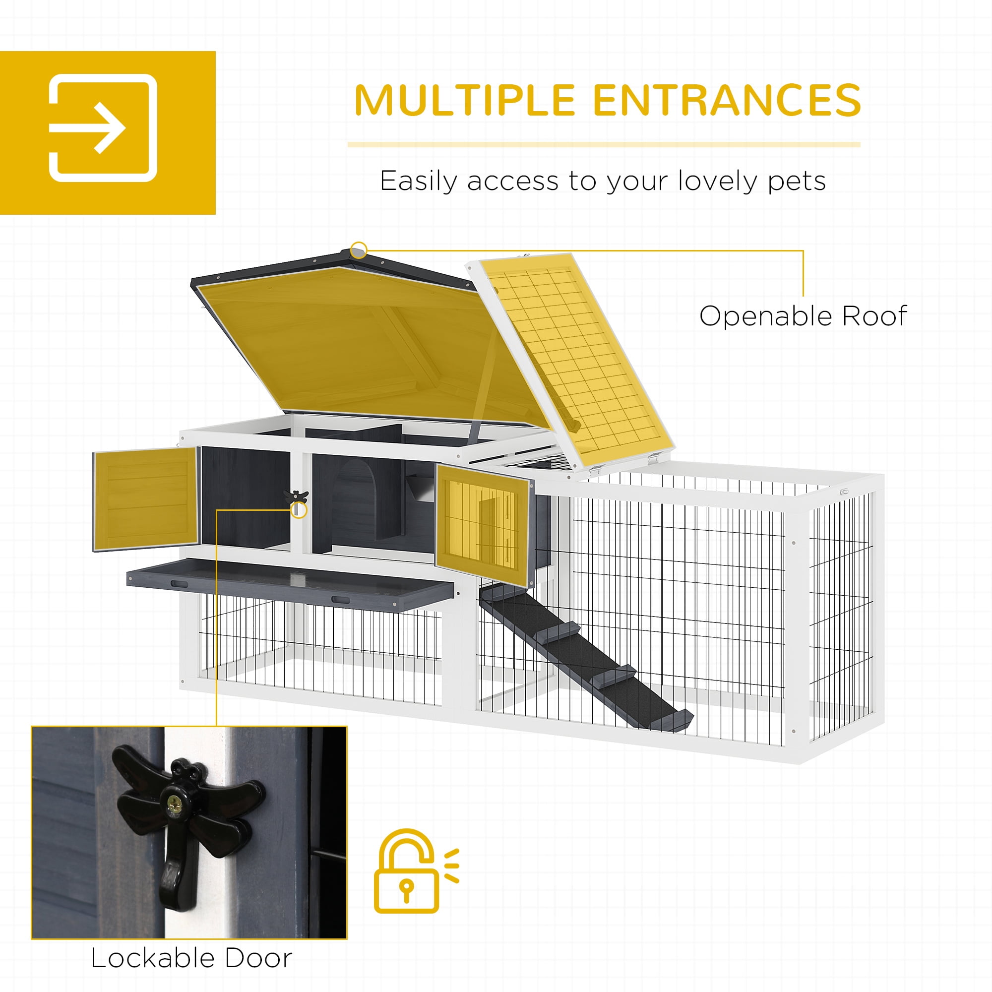 Pawhut Solid Wood Rabbit Hutch with 2 House Levels and Patio Space, Strong Black Metal Cage Wire, and Easy Clean Tray