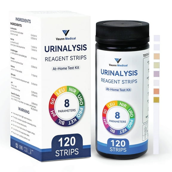 FSA/HSA Eligible, Vaunn Medical 8-in-1 Urine Test Strips and Urinalysis for UTI, Nitrites, Leukocytes, Ketosis, pH, Protein, 120 CT