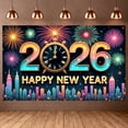 thumbnail image 3 of Colorful Fireworks Happy New Year Banner Golden Clock 2026 New Year Display City Glittering Numbers New Year Eve Backdrop for New Year Celebration 2026 Party Indoor Decoration, 3 of 9