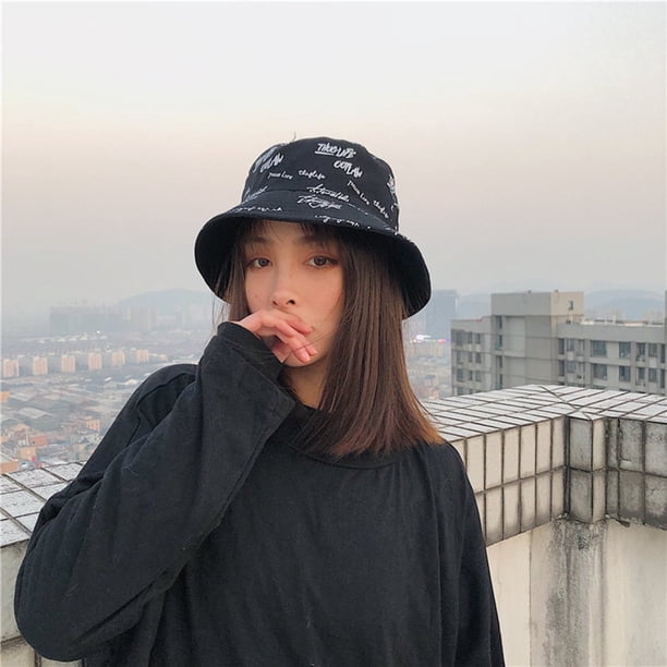 Bucket Hat Black Fashion Women English Letters Cotton Reversible