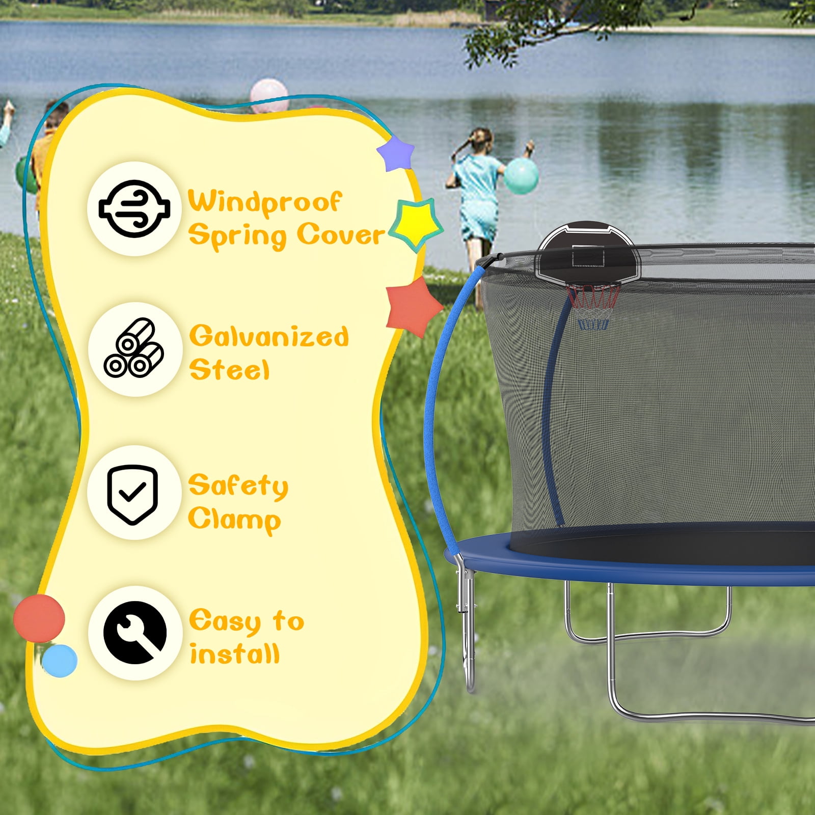 14FT Outdoor Trampoline with Basketball Hoop and Ladder for Kids and Adults，Heavy Duty Recreational Pumpkin Trampoline with Safety Enclosure,Anti-Rust Frame,Backyard Trampoline for Gift