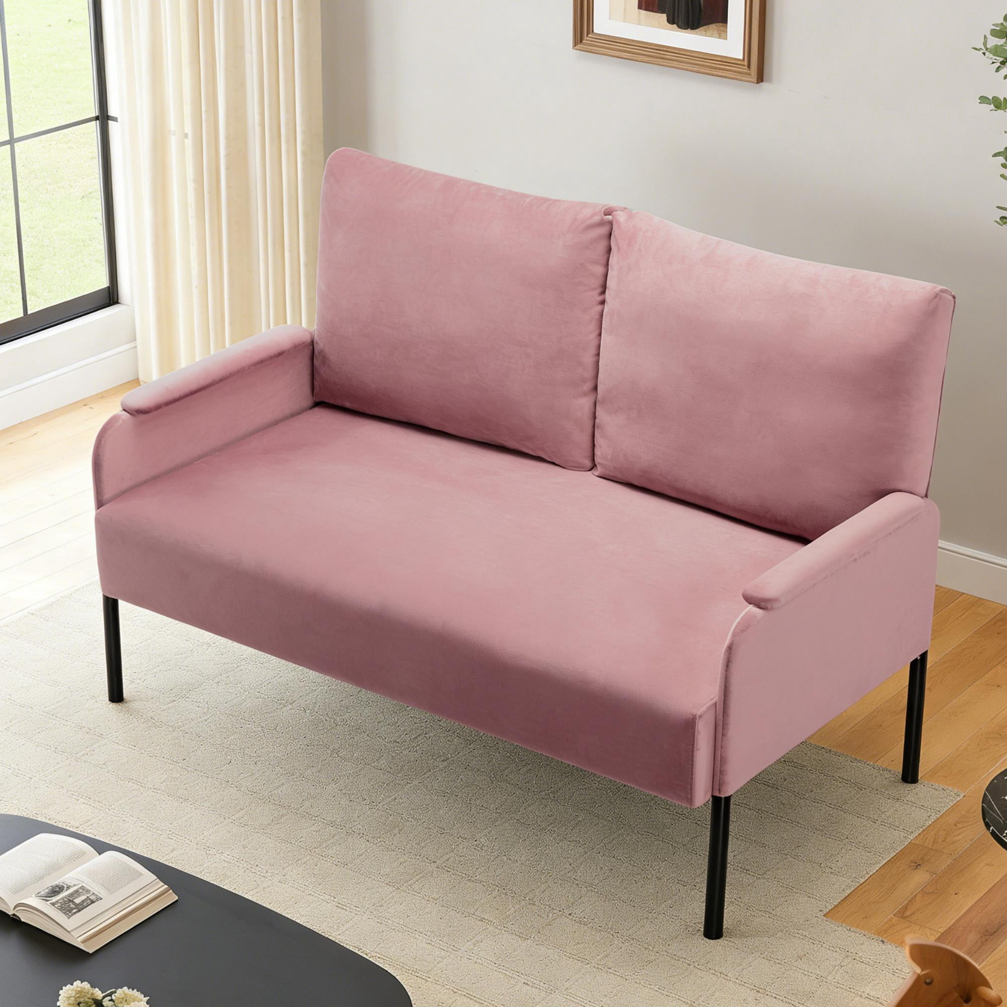 Gewnee 45.7”Loveseat Couch for Small Spaces,Mid-Century Modern 2-Seater Sofa with Metal Frame & Black Legs,Removable Washable Back Cushion Cover,Easy Assembly.Pink