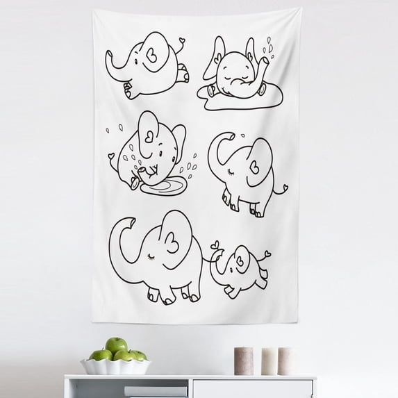 Cartoon Tapestry, Black and White Doodle Style Various States Running Sleeping Eating, Fabric Wall Hanging Decor for Bedroom Living Room Dorm, 5 Sizes, Black White, by Ambesonne