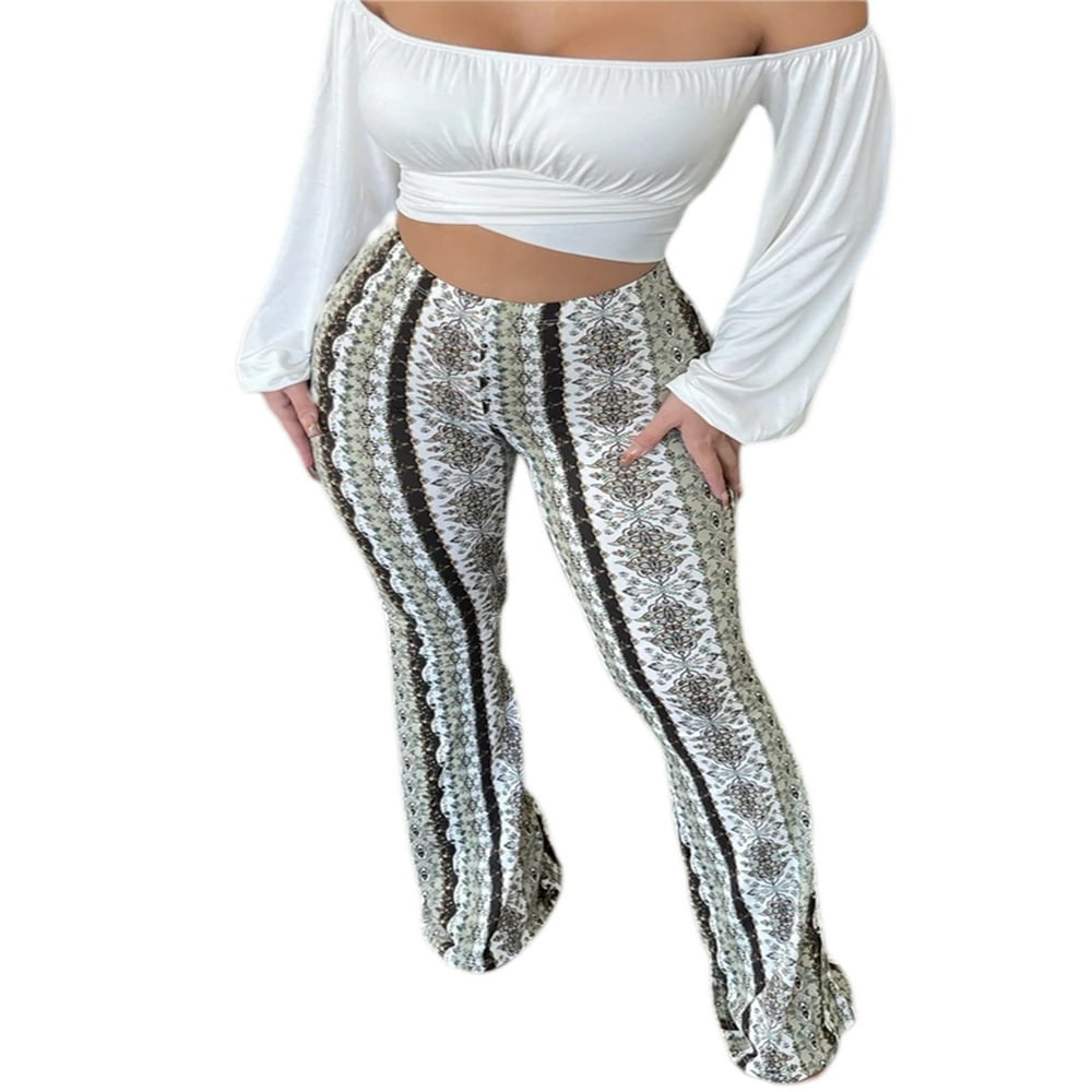 Women Boho Flare Pants Ethnic Tribal Print Bell Bottom Yoga