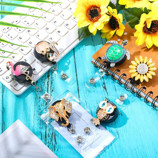 6 Pcs Rhinestone Retractable Nurse ID Badge Reel Holder with Clip Cute  Bling Butterfly Bee Sunflower Animals Flower Name Card Badge Reel for  Volunteer