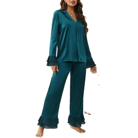 Plain Collar Pant Sets Long Sleeve Teal Blue Womens Pajama Sets (Women s)