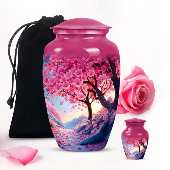 Pink Cherry Blossom Trees Memorial Large Urn For Ashes For Women - Unique Mini Urns For Human Ashes Adult Men - Cremation Gift For Decorative Urns 10Inch And 3Inch Keepsake Urn