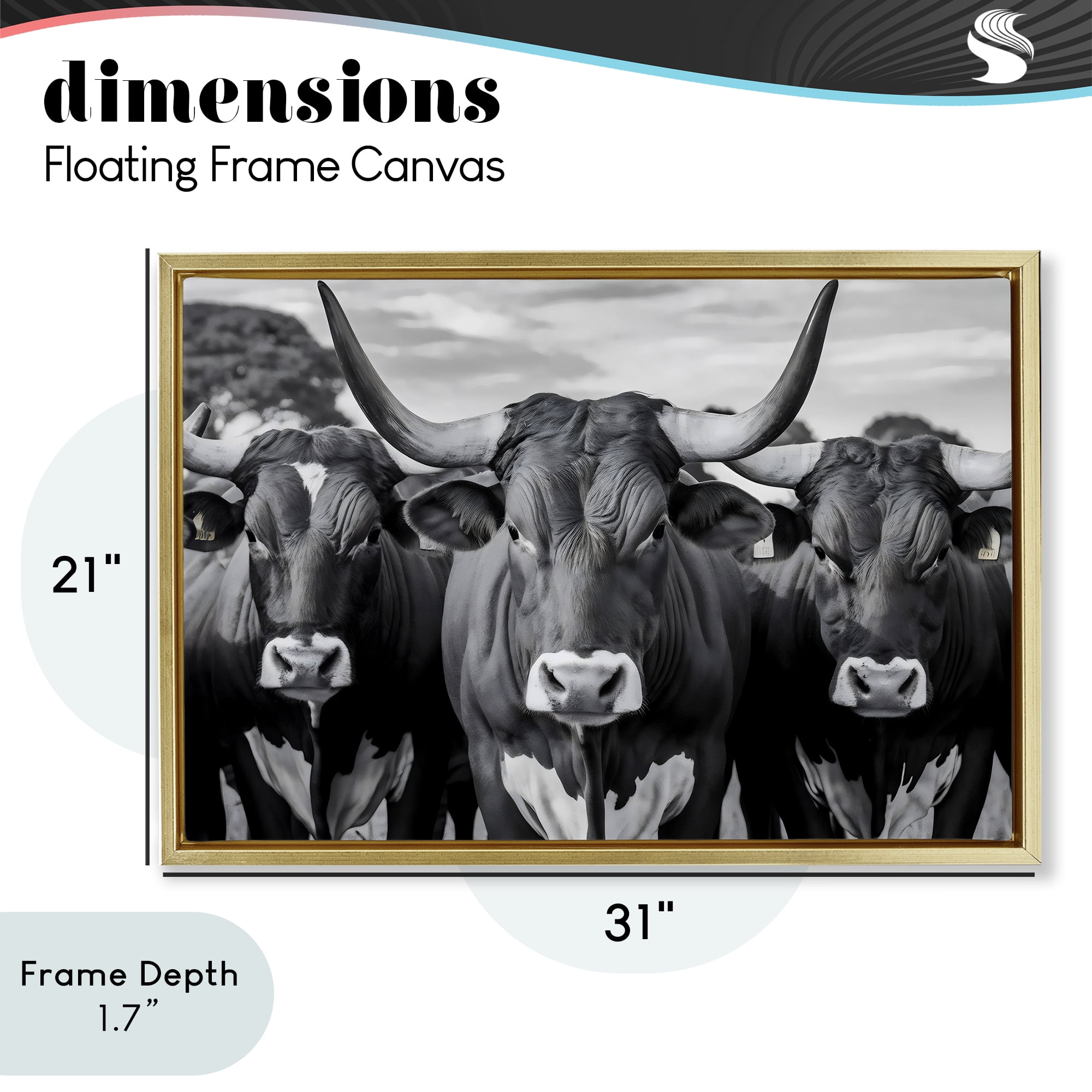 Stupell Industries Three Longhorns in a Row Gold Framed Floater Canvas Wall Art, design by Creative Studio