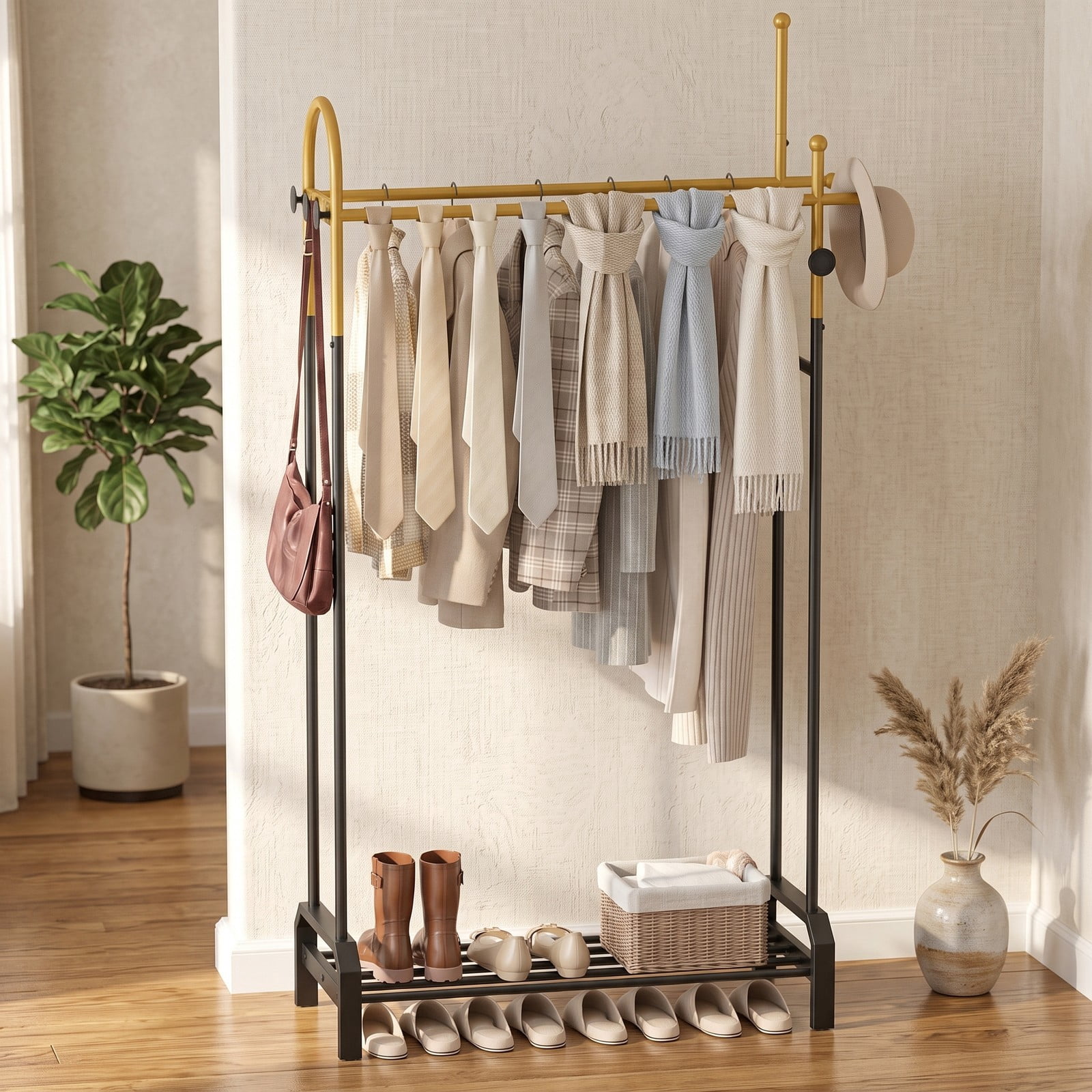 Furnibear Double Rod Garment Rack with 5 Side Hooks and Bottom Shelf for Bedroom Laundry Room and Closet, Gold and Black