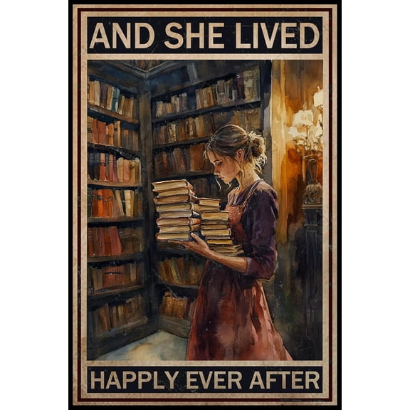 Vintage Metal Sign And She Lived Happily Ever After Library Girl Reading Books Wall Art Decor Aluminum Poster for Home Office Cafe Bedroom 8x12 Inch