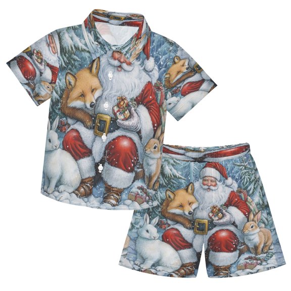 YAZAOO Button-Down Shirts Summer Shorts Sets Fashion Santa's Woodland Friends Pattern Casual Set