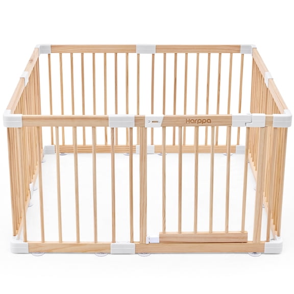 HARPPA Wooden Baby Playpen with Gate, Adjustable Panel Play Yard Fence for Toddlers, Greenguard gold certified,57" x 57" x 24"