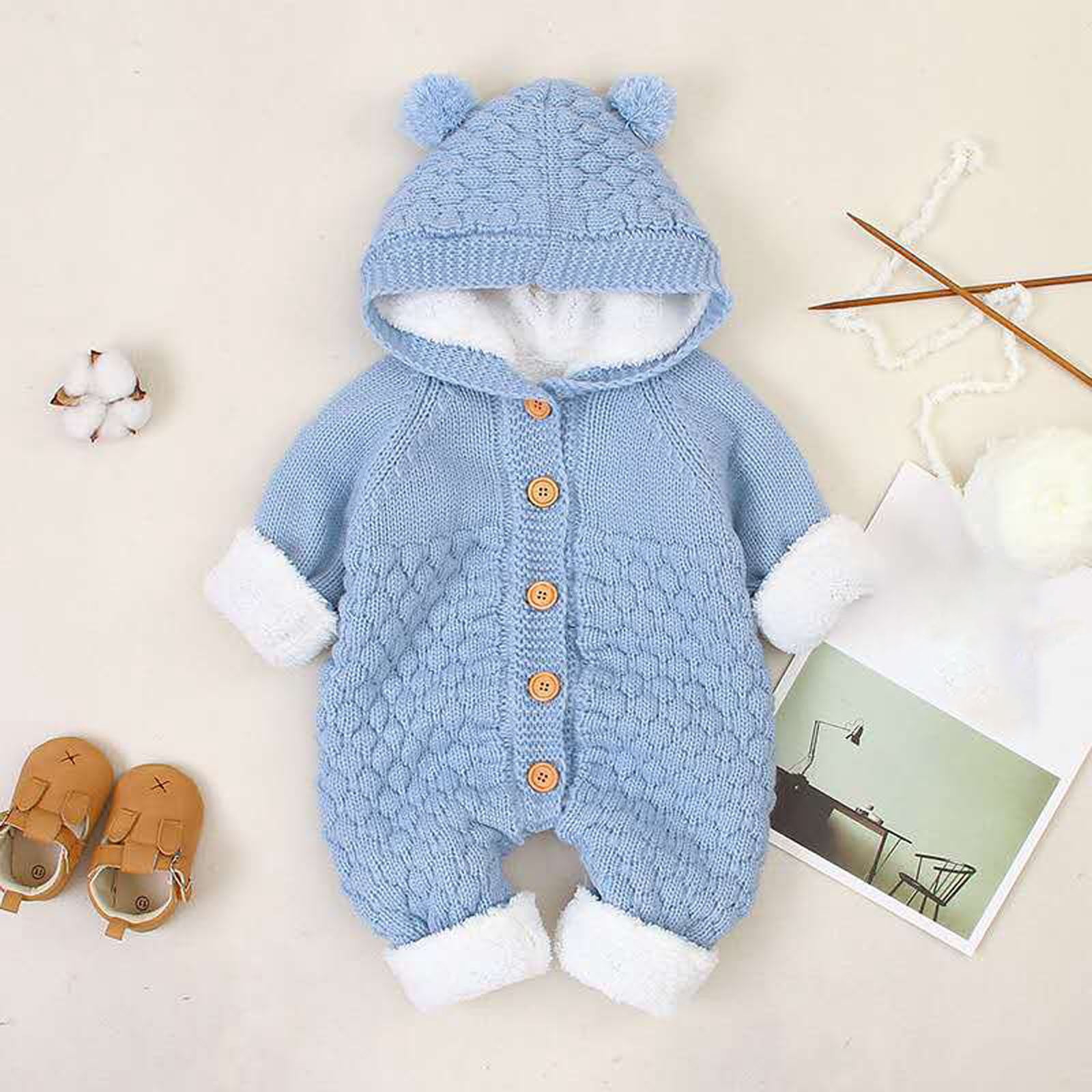 XYIJANI Clearance Baby Boy Sleepers Children's Plush Jumpsuit Autumn/Winter Solid Color Cute Cartoon Buckle Up Knitted Climbing Suit Party Birthday Outing Newborn Baby Girl Clothes (Blue,66)