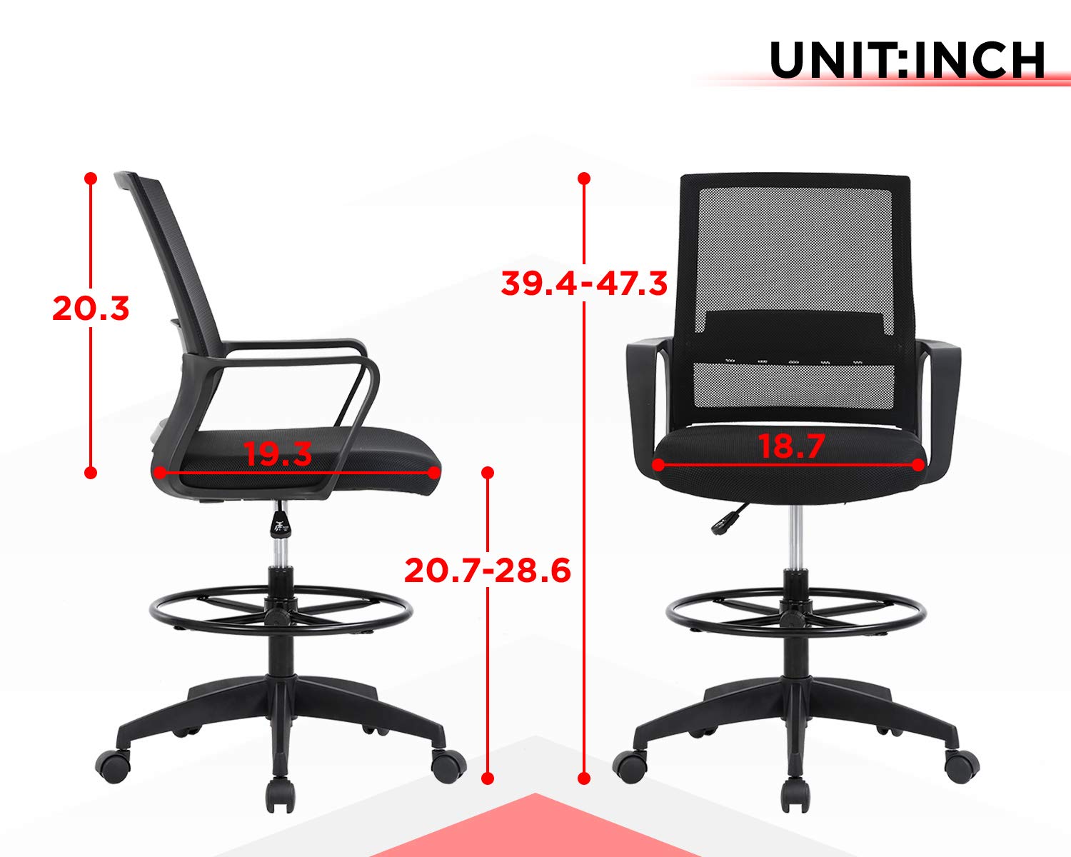 FDW Tall Adjustable Office Chair w/ Foot Ring, Ergonomic Mesh Mid-Back Desk Chair, Black