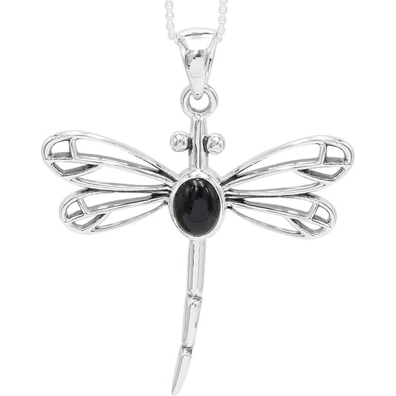 Silver Dragonfly Necklace with Black Onyx Gemstone Pendant Necklace for Women, Halloween Gifts