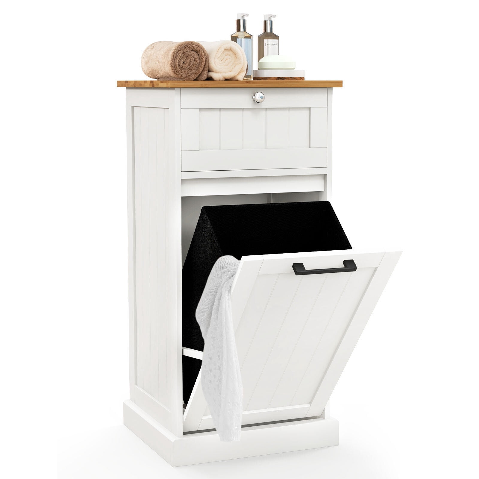Amijoy Laundry Cabinet Freestanding Tilt Out Laundry Hamper w/ Basket Drawer Organizer, Freestanding Laundry Hamper Cabinet for Bathroom