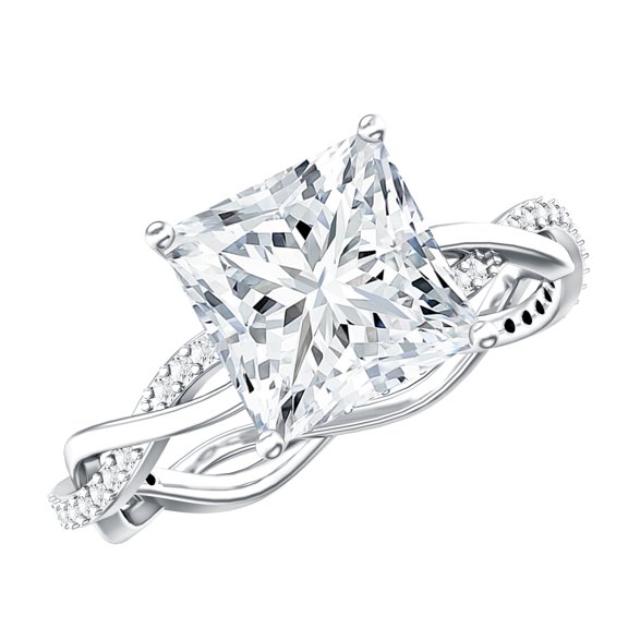 Rosec Jewels Princess Cut Moissanite Solitaire Engagement Ring with Hidden Halo - 8 mm - 3 Ct, 925 Sterling Silver, US 4.00