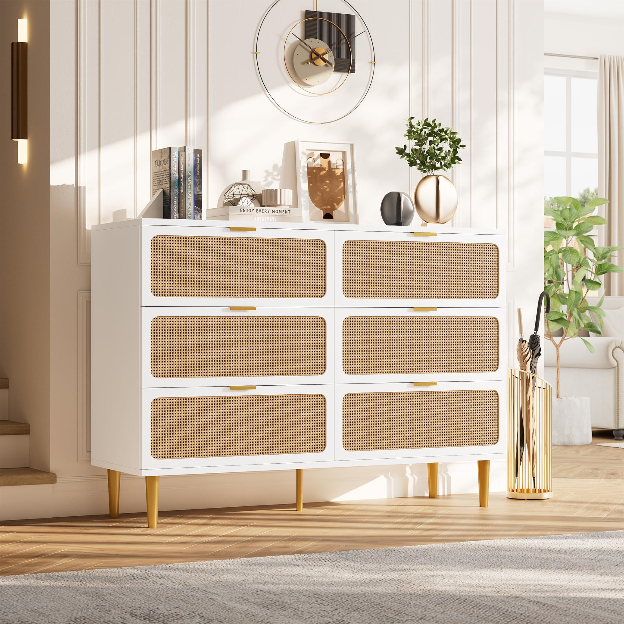 Senfot 6 Drawer Dresser for Bedroom, Large Modern Double Dresser for Closet with Wide Top, Rattan Chest of Drawers with Deep Drawers, Horizontal Wooden Dresser for Hallway, Living Room, White