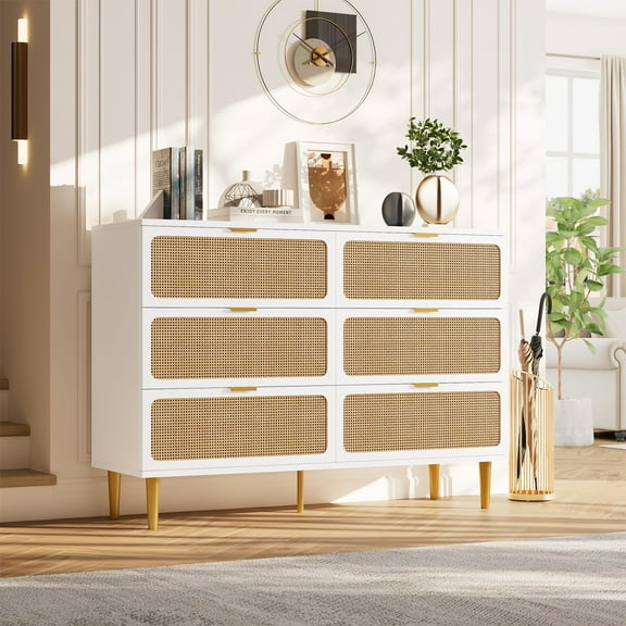 Rattan 6 Drawer Dresser for Bedroom,6 Drawer Wide Dresser,Farmhouse Chest of Drawers with Deep Drawers,Large Double Dresser for Closet with Wide Top,Horizontal Wooden Dresser for Hallway,Living Room
