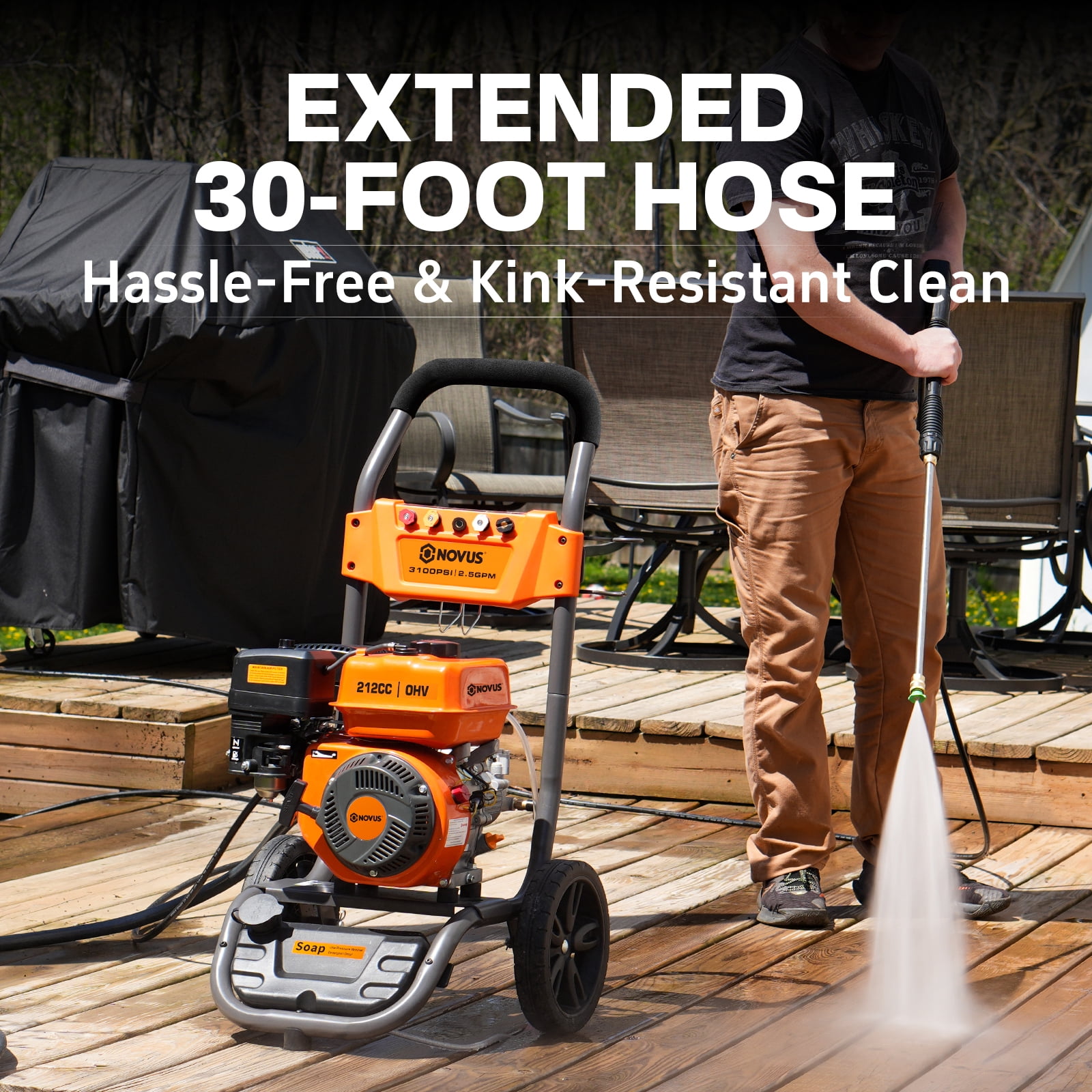 NOVUS Gas Pressure Washer 3100 PSI 2.5 GPM 212cc Engine with 30FT Hose, 5 Quick Connect Nozzles, Onboard Soap Tank, Spray Gun and Wand