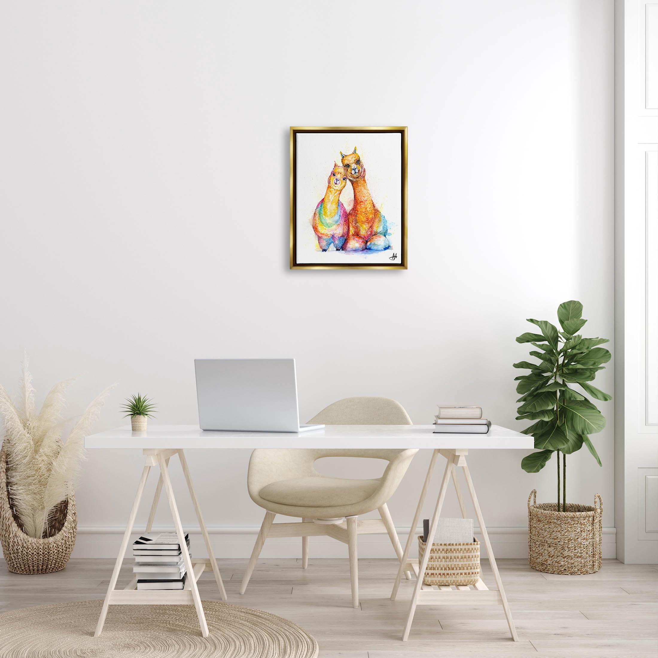 Smiling Alpacas Rainbow Animals Animals & Insects Graphic Art Metallic Gold Framed Art Print Wall Art