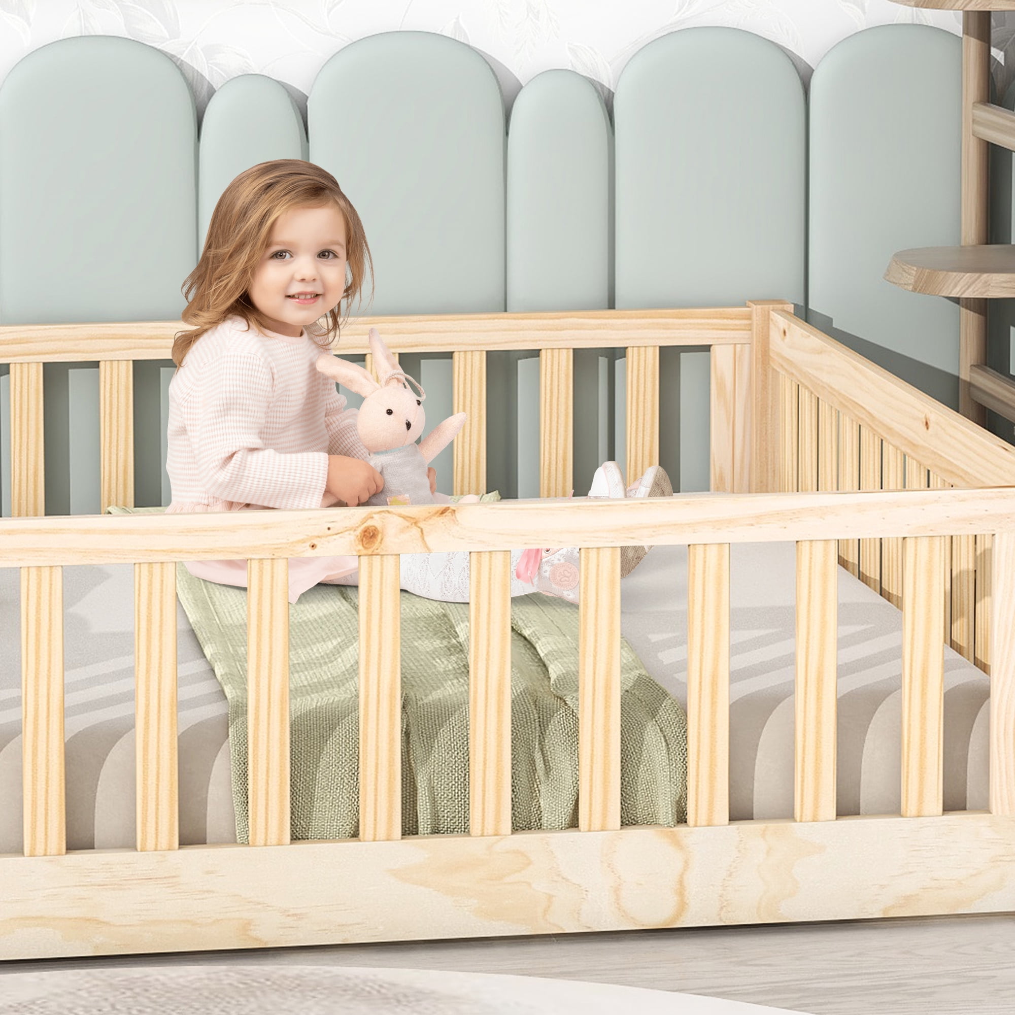 UHOMEPRO Full Size Floor Bed with Fence and Door, Low Profile Montessori Floor Bed for Crib Transition, Solid Wood Cute Bed Frame with Slats Supports, Easy Assembly, No Box Spring Needed, Natural