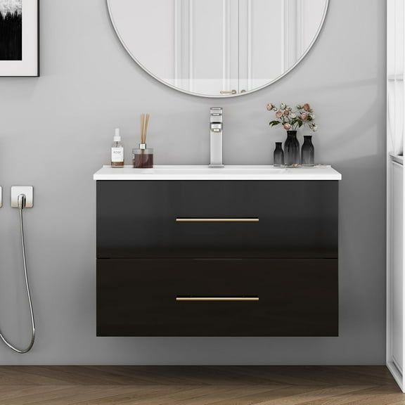 Censi 30-Inch Wall-Mounted Bathroom Vanity with Sink Combo,Double Drawers, Ceramic Basin, Long Handle in Gold Color,2 Storage Drawers, Glossy Black