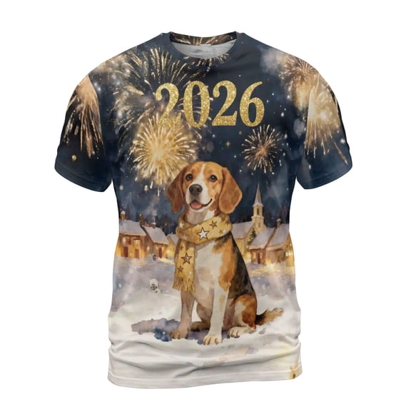 Beagle Happy New Year 2026 with Fireworks on New Year's Eve All Over Print 3D Shirt Unisex Merch Beagles Dog Lover Gifts Idea - 12022