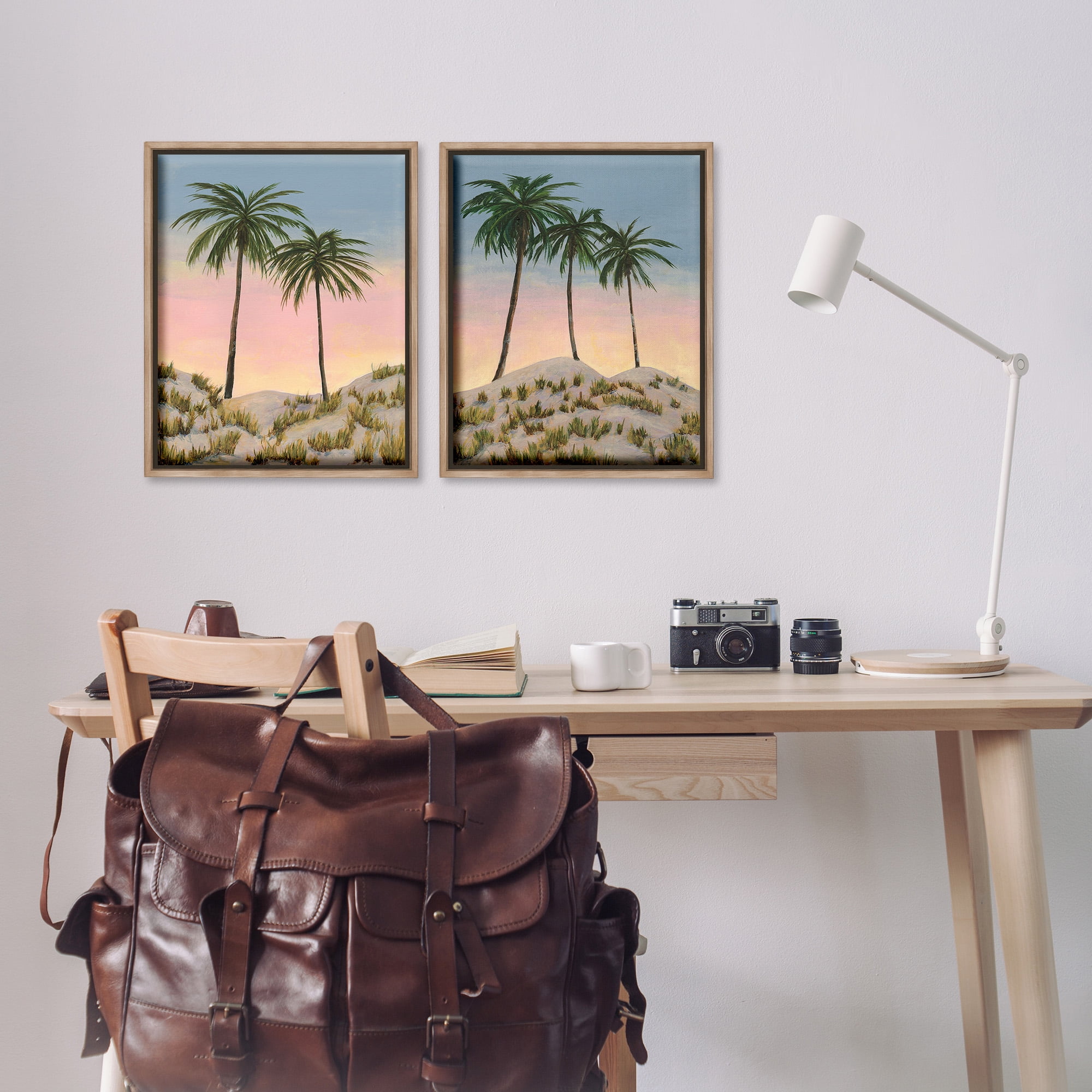 Stupell Industries Sunrise Tropical Scene Landscape Painting Brown Floater Framed Canvas Art Print Wall Art, 17 x 21, Set of 2
