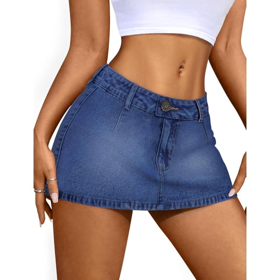 Denim Mini Skirt for Women Low Waisted Jean Micro Skort with Shorts Stretch Casual Skirt