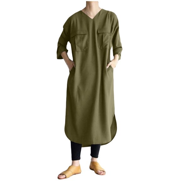 Fesfesfes Spring Dresses for Women Round Neck 3/4 Sleeve Tunic Dress Casual Solid Color Kaftan Dress Knee Length Ruffle Slit Dress