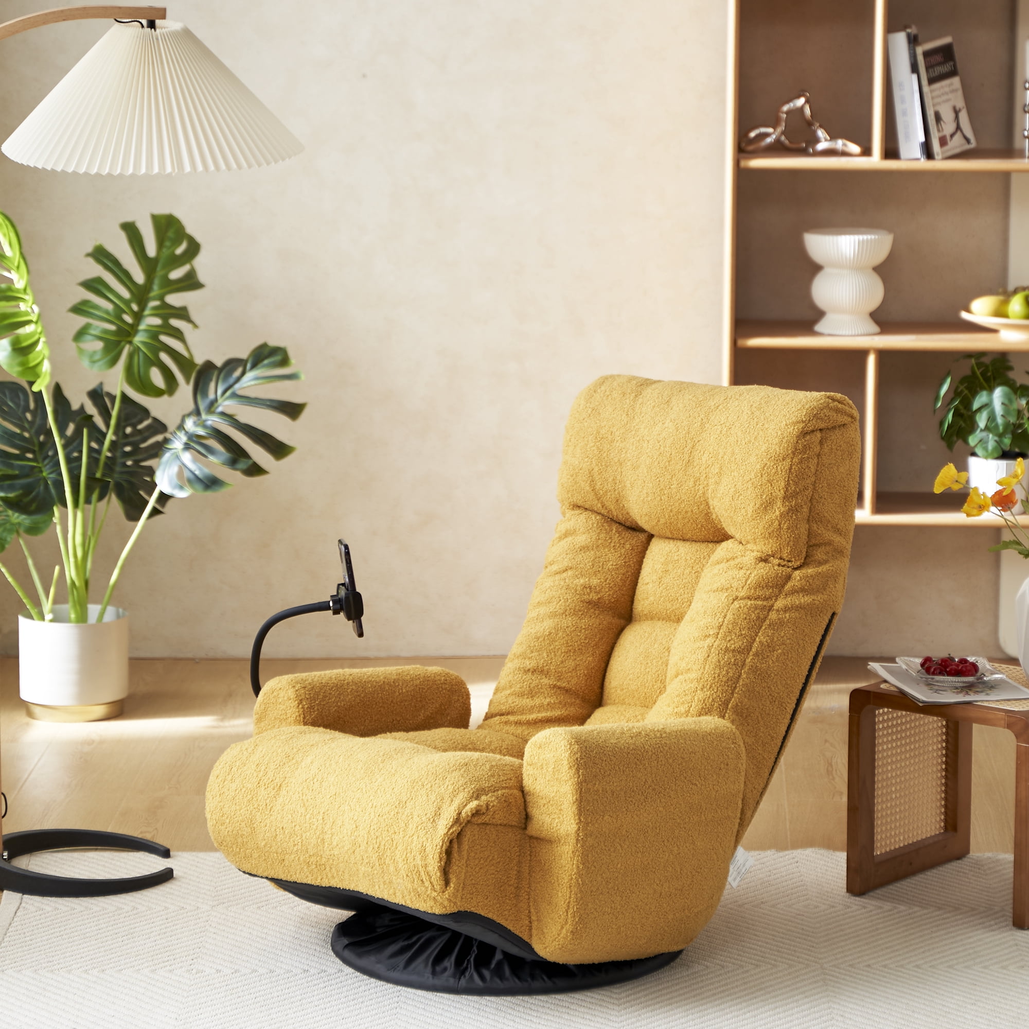 Reclining Chair, Floor Chair, Adjustable Lounge Chair with 5-Position Backrest, Built-in Spring Seat and 360-Degree Swivel Base, Foldable Design, Yellow