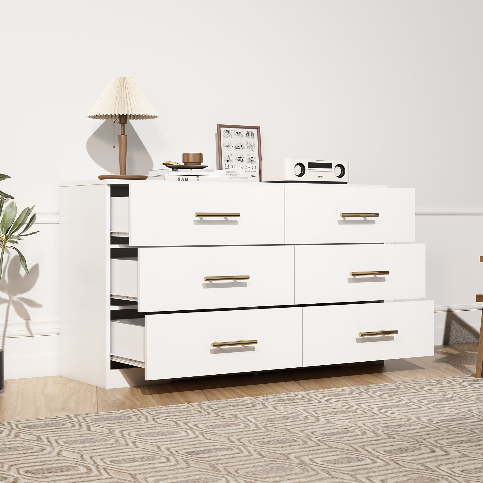 YYAo Wooden 6 Drawer Dresser, Large Modern Chest of 6 Drawers Night Table, TV Stand for 55" TV for Bedroom, Closet, Living Room, White YYAo Wooden 6 Drawer Dresser, Large Modern Chest of 6 Drawers Night Table, TV Stand for 55" TV for Bedroom, Closet, Living Room, White
