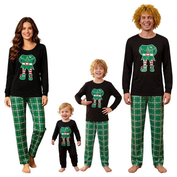 AIGUR Family Matching Christmas Pajama Set, Black Green Long Sleeve Printed Pattern Tops and Pants, Men/ Women/ Kids/ Babies
