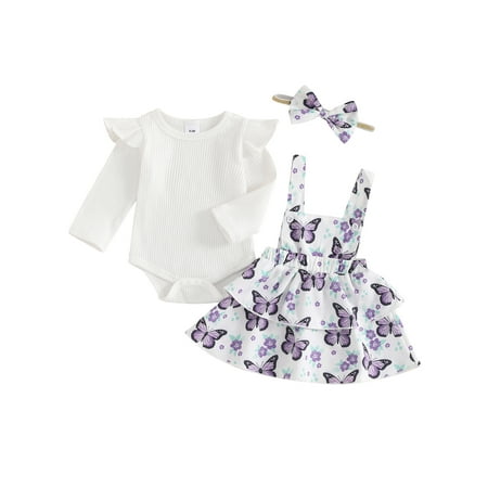 

Bmnmsl Baby Flying Sleeve Romper Butterfly Print Suspender Skirt Headband