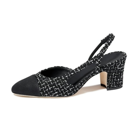 Womens Slingback Block Low Heels Splicing Sandals Cap Round Toe Casual OL Dress Pumps Fashion Party Shoes Size 6.5 (Black)